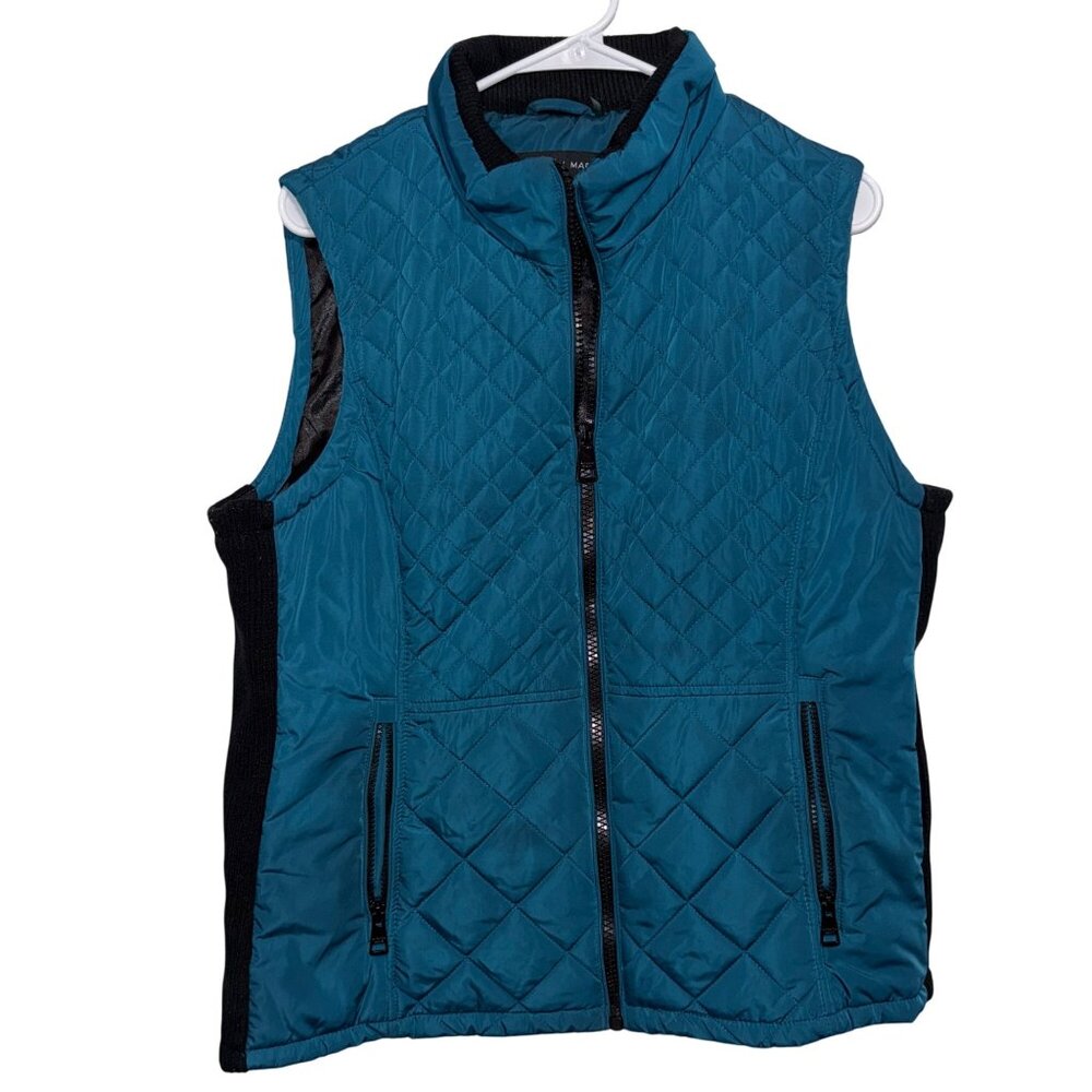 Andrew Marc Womens Quilted Sleeveless Vest Teal Black XL Zippered Pockets